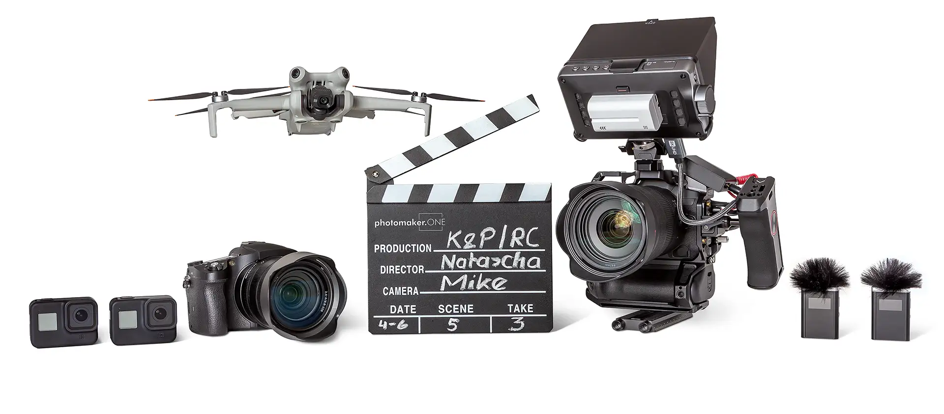 Videotechnik: Actioncams, Bridgekamera, Drohne, Filmklappe, Vollformatkamera, Mikrofone - Referenzen von Filmproduktionen, Videoproduktionen, Videodrehs und Postproduktionen